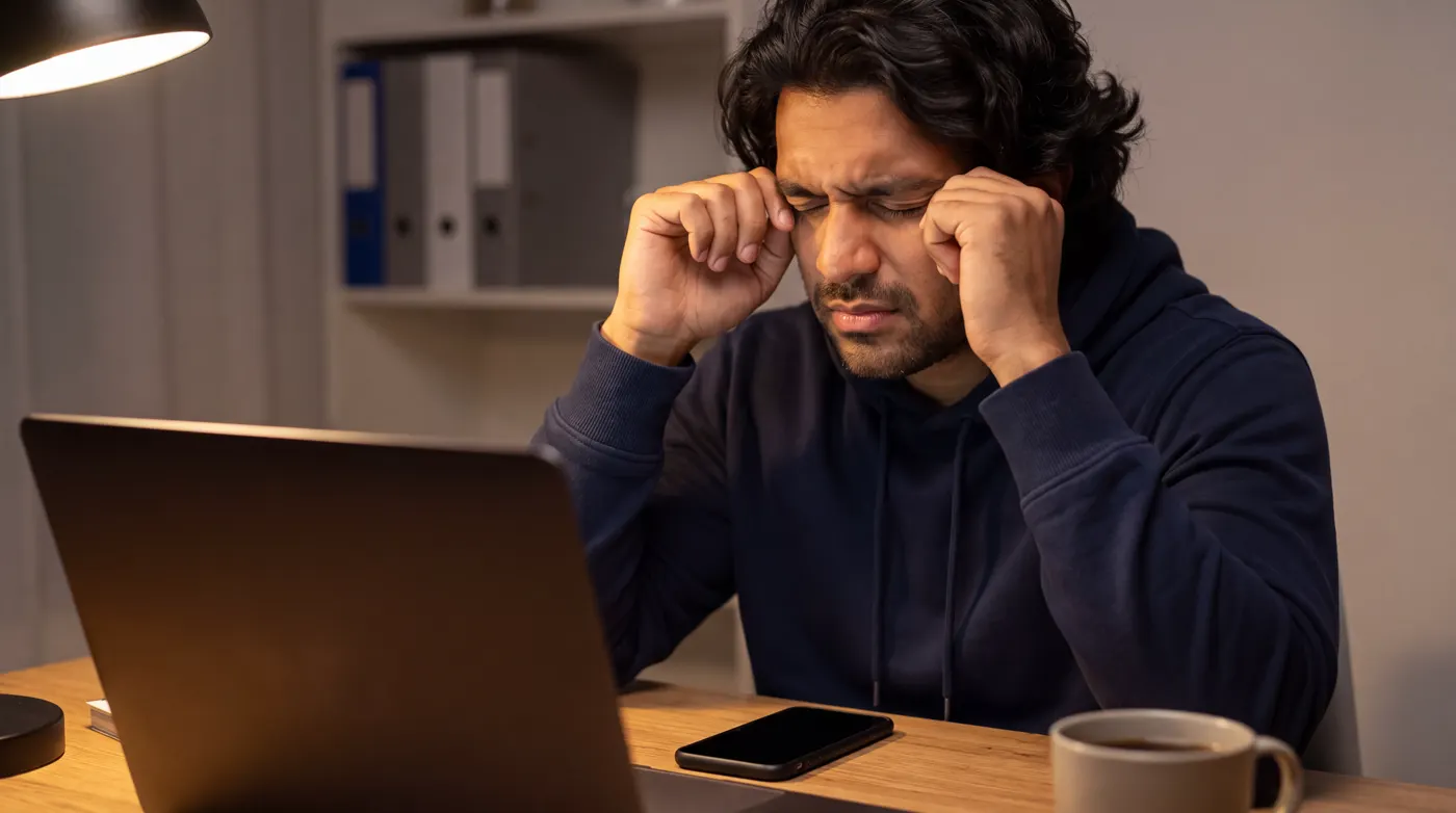 Homem cansado esfregando os olhos diante do computador