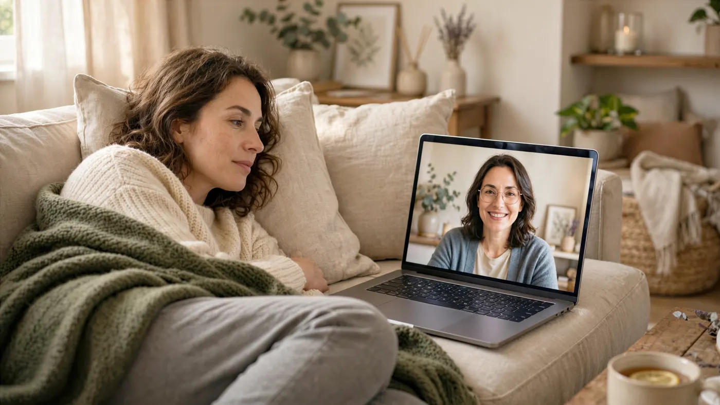 Mulher no sofá de casa em sessão de terapia por videochamada no notebook